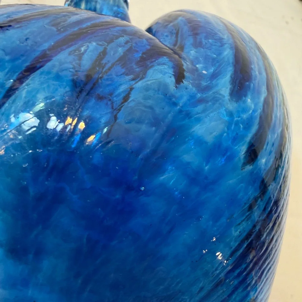 Hand Blown Cobalt Blue Art Glass Heart Ornament Marbled Swirl 4 Inch